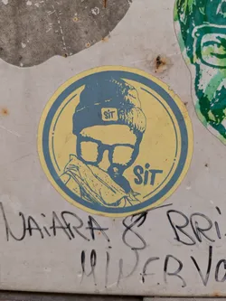 Street sticker This sticker features a stylized, monochromatic portrait of a person wearing glasses and a beanie. The image is primarily blue and yellow, with the person facing forward, giving a direct, focused appearance. The sticker is round and shows some signs of wear, adding to its vintage or street art feel. The word "Sit" is written in a bold, sans-serif font both on the hat and at the bottom of the sticker.