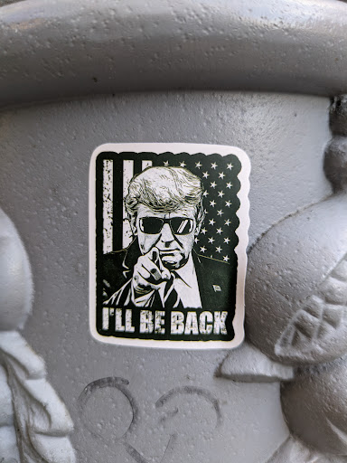 Street sticker A black and white sticker featuring an illustration of Donald Trump, wearing sunglasses and pointing directly forward, is adhered to a textured gray surface. The backdrop behind Trump features the design of the American flag. Below Trump, the phrase "I'LL BE BACK" is printed in bold capital letters. The sticker has a border.