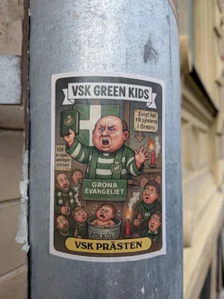 Street sticker The sticker features a caricature of a portly, angry preacher in a green and white striped robe, holding up a green book with a crown emblem. He stands before a crowd of men with exaggerated expressions of shock and confusion. In the foreground, a baby is depicted in a tub labeled 'FOLKÖL' (meaning 'people's beer'). Behind the preacher, a candle burns, and a sign reads 'Evigt hat till syndarna i Örebro' (Eternal hate to the sinners in Örebro). The background includes a green and white checkered flag, possibly representing a sports team. The overall style is cartoonish and satirical, with a limited color palette dominated by greens, reds, and skin tones.