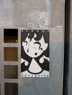 Street sticker A black and white sticker depicting a cartoon-like face with its eyes closed and a teardrop, with the text 'NONAME' on top and 'SUPERSTAR' at the bottom.