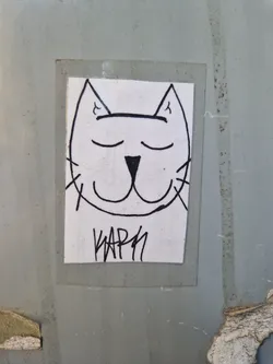 Street sticker A sticker featuring a minimalist line art drawing of a cat's face. The cat has its eyes closed and a slight smile. The artist's signature, "KAPN", is written beneath the drawing.