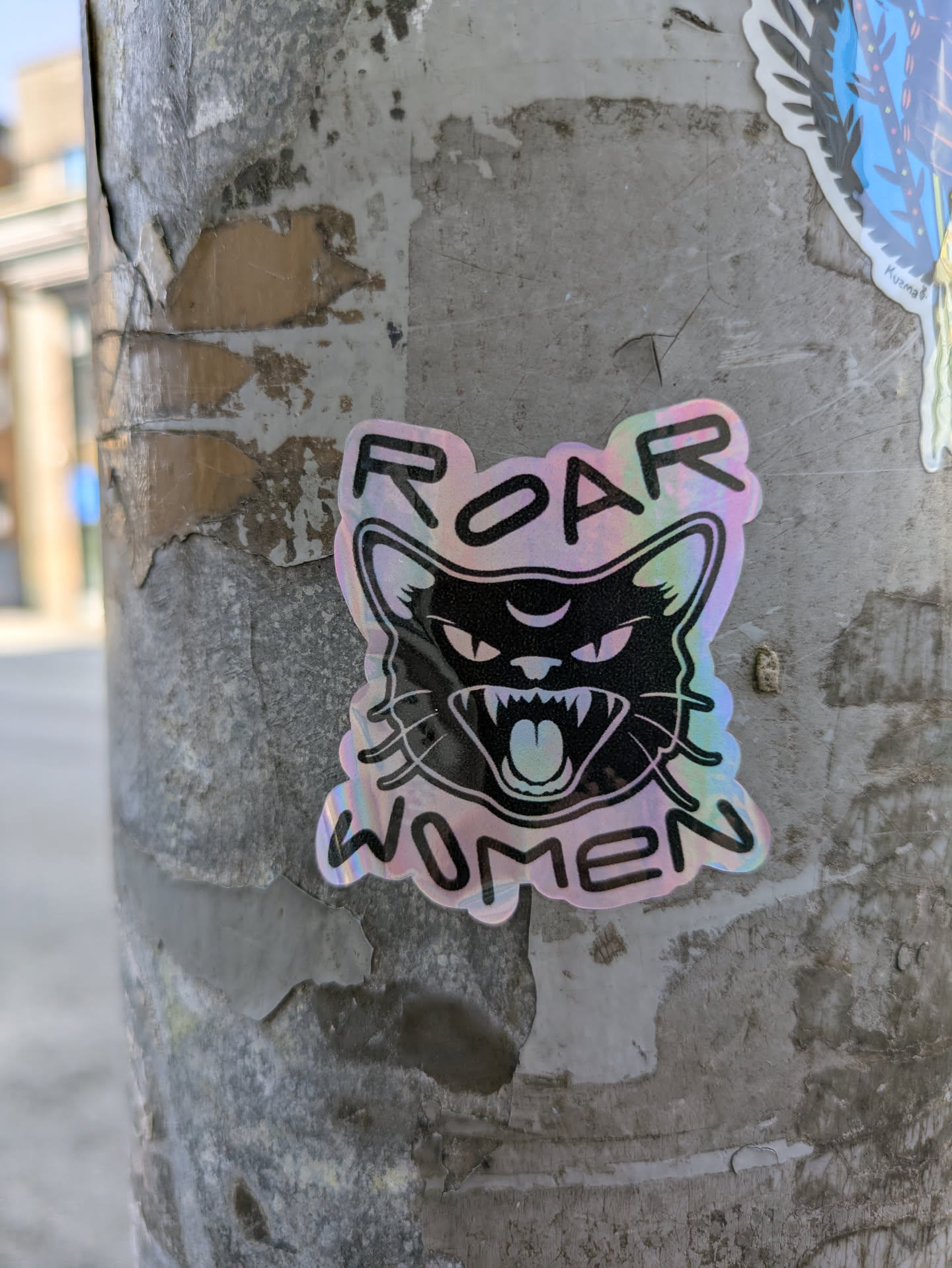 A striking holographic sticker depicting a stylized black cat head mid-roar, with sharp fangs and a visible tongue. The cat features a third eye, resembling a crescent moon, on its forehead. Above the cat's head, the word "ROAR" is written, and below it, the word "WOMEN" is displayed. Both words are in bold black letters with a distinctive outline. The sticker itself has an iridescent, rainbow-like sheen, making it stand out against the grey, peeling surface of the utility pole it's affixed to.
