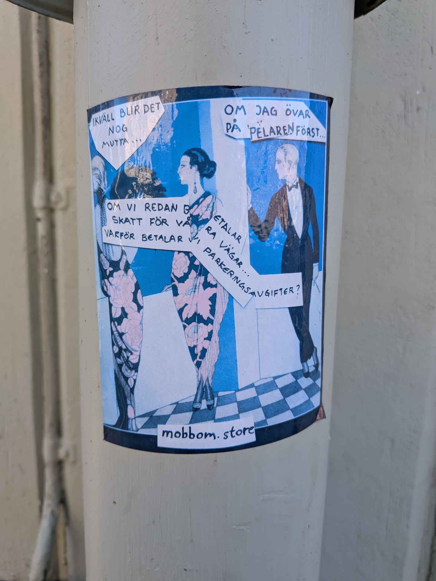 The sticker features a stylized illustration reminiscent of the Art Deco era. It depicts three figures: two women in patterned dresses and a man in a tuxedo. The background is a vibrant blue with white stripes, and a checkered floor pattern is visible at the bottom. Several white speech bubbles with handwritten text are overlaid on the illustration. The overall aesthetic is retro and artistic, with a touch of social commentary.