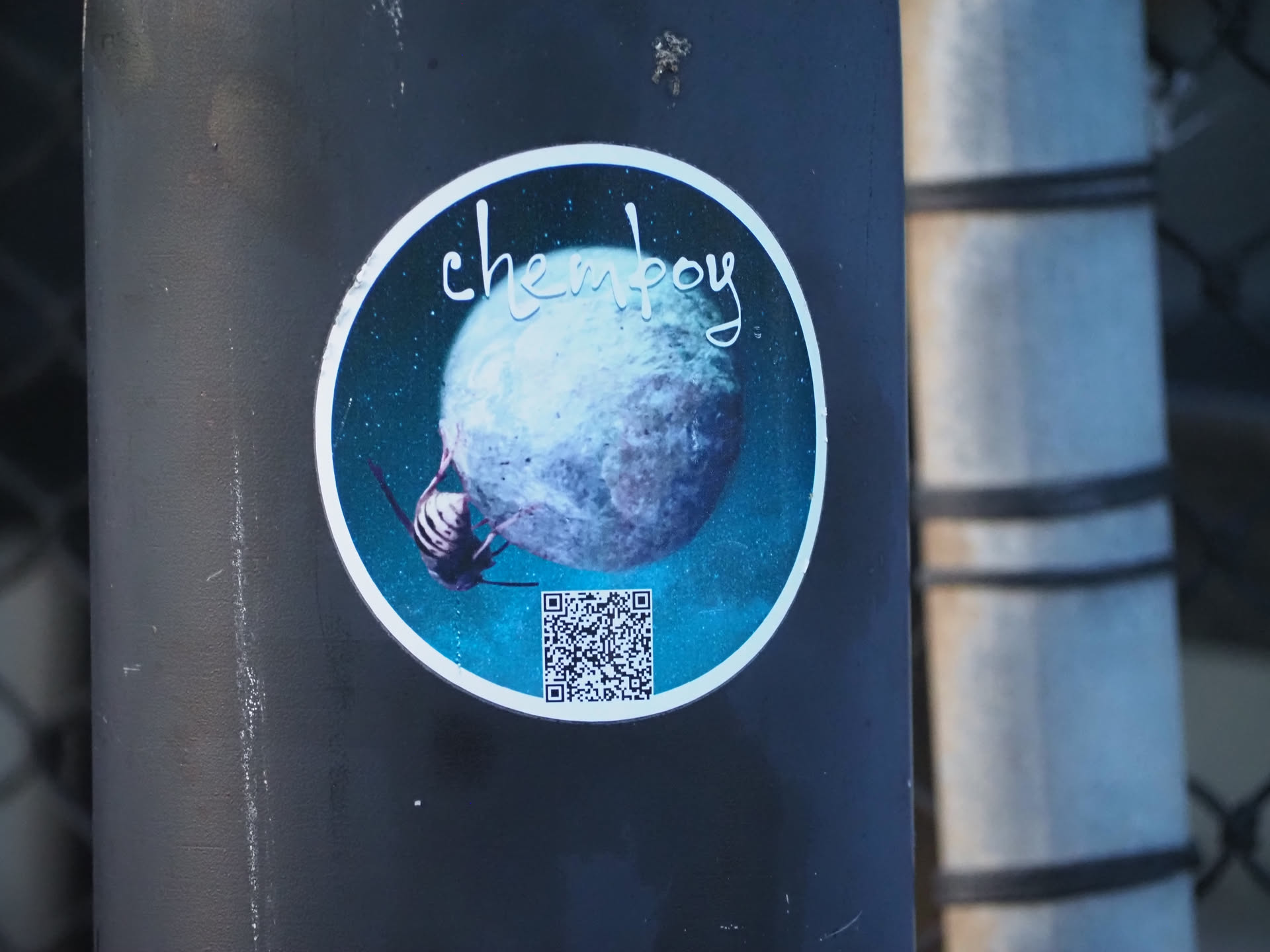 A circular sticker with a white border depicting a wasp clinging to a pale moon against a starry teal background. The word 'chemboy' is written in white script at the top, and a QR code is placed at the bottom.
