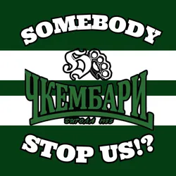 Street sticker The sticker features a bold, stylized design with a prominent green and white striped background. At the top, the word 'SOMEBODY' is written in large, white, outlined letters with a slight upward curve. Below this, centered, is a graphic combining a stylized 'S' with a pair of brass knuckles. The main element is the word 'ЧКЕМБАРИ' (likely a name or slogan) in large, green, 3D-effect letters with a black outline, arching over a smaller line of text that reads 'БИТОЛА 1985'. At the bottom, the phrase 'STOP US!?' is written in large, white, outlined letters, mirroring the style of 'SOMEBODY'. The overall aesthetic is aggressive and impactful, typical of fan group insignia.