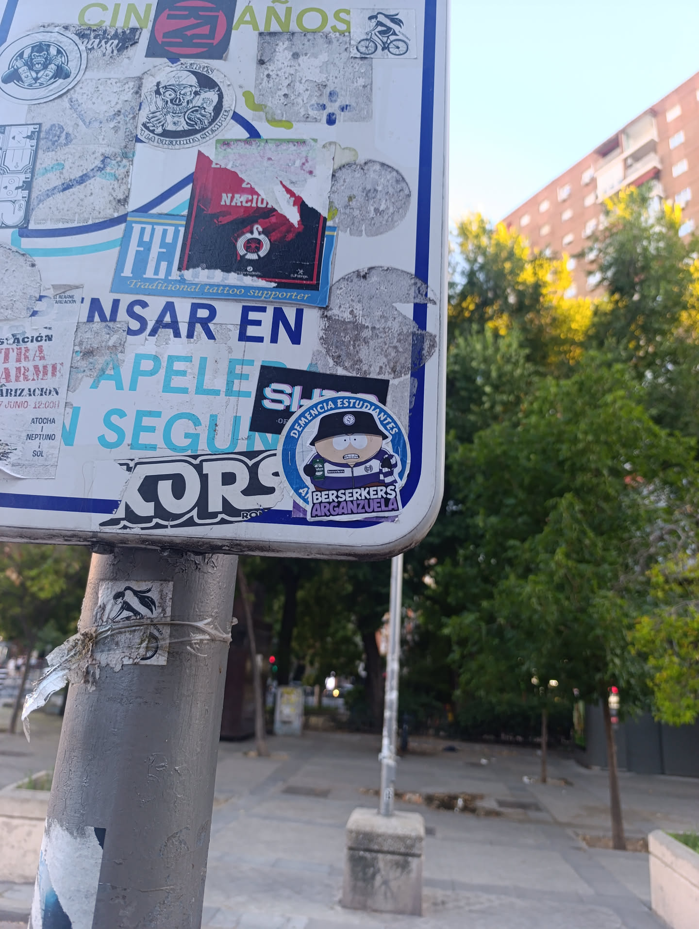 Circular blue sticker featuring a South Park-style character wearing a bucket hat and scarf. Text reads 'DEMENCIA ESTUDIANTES' at the top and 'BERSERKERS ARGANZUELA' on a purple banner below.