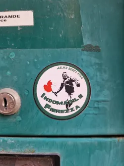 A round sticker featuring a silhouette of a person holding a burning object, with the text "Indomabile Fiertezza" and "Army Korps 1950".