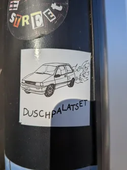Street sticker The sticker is square-shaped with a white background. It features a hand-drawn, black-outlined illustration of a hatchback car in profile, facing left. Flames are depicted emanating from the rear wheel on the right side of the car, suggesting speed or an engine issue. Below the car, the text 'DUSCHPALATSET' is written in a rough, handwritten font. The sticker appears to be slightly worn at the edges.