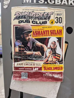 Street sticker A rectangular, vintage-style paper sticker promoting a reggae event. It features illustrations of a DJ at a sound system and a woman in traditional attire, set against a warm yellow, red, and cream background with event details and a QR code.