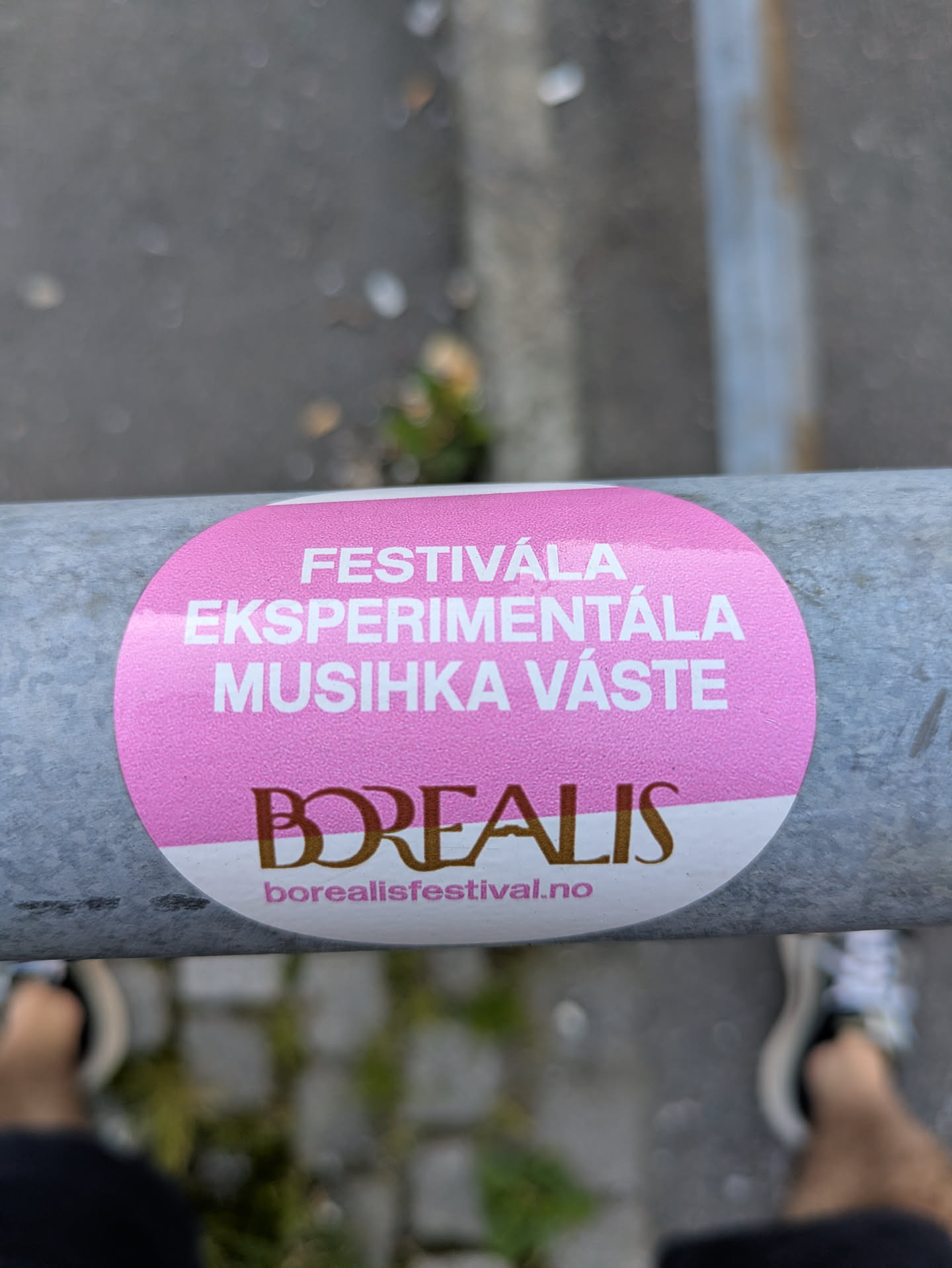 An oval-shaped sticker, predominantly pink with a white bottom section, affixed to a grey metal pole. The top portion of the sticker features white text "FESTIVÁLA EKSPERIMENTÁLA MUSIHKA VÁSTE" (likely Northern Sámi for "Festival for experimental music"). Below that, the festival name "BOREALIS" is prominently displayed in a distinct gold-brown serif font. At the very bottom, the website "borealis festival.no" is displayed. The background is blurred, showing a paved ground and the feet of the person taking the photo.