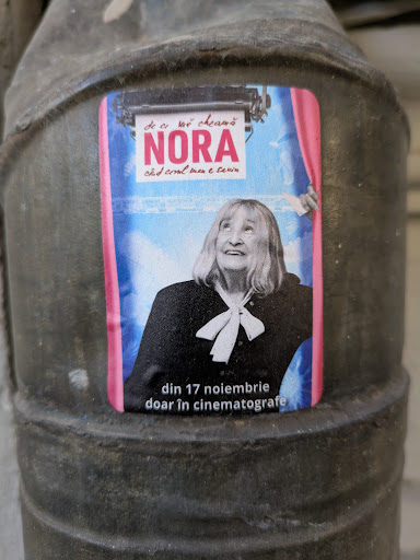 This is a promotional sticker for the movie "De ce mă cheamă Nora", featuring a woman in a black jacket and a white ribbon tied around her neck. The sticker advertises the release of the movie in cinemas starting November 17th. The sticker is pasted on a gray metal surface.
