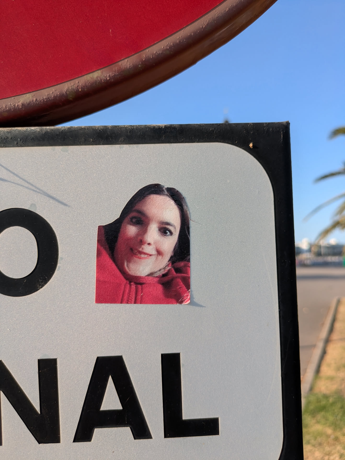 The sticker shows a smiling woman with dark hair wearing a red hoodie. It's stuck on a street sign that reads "ONAL".