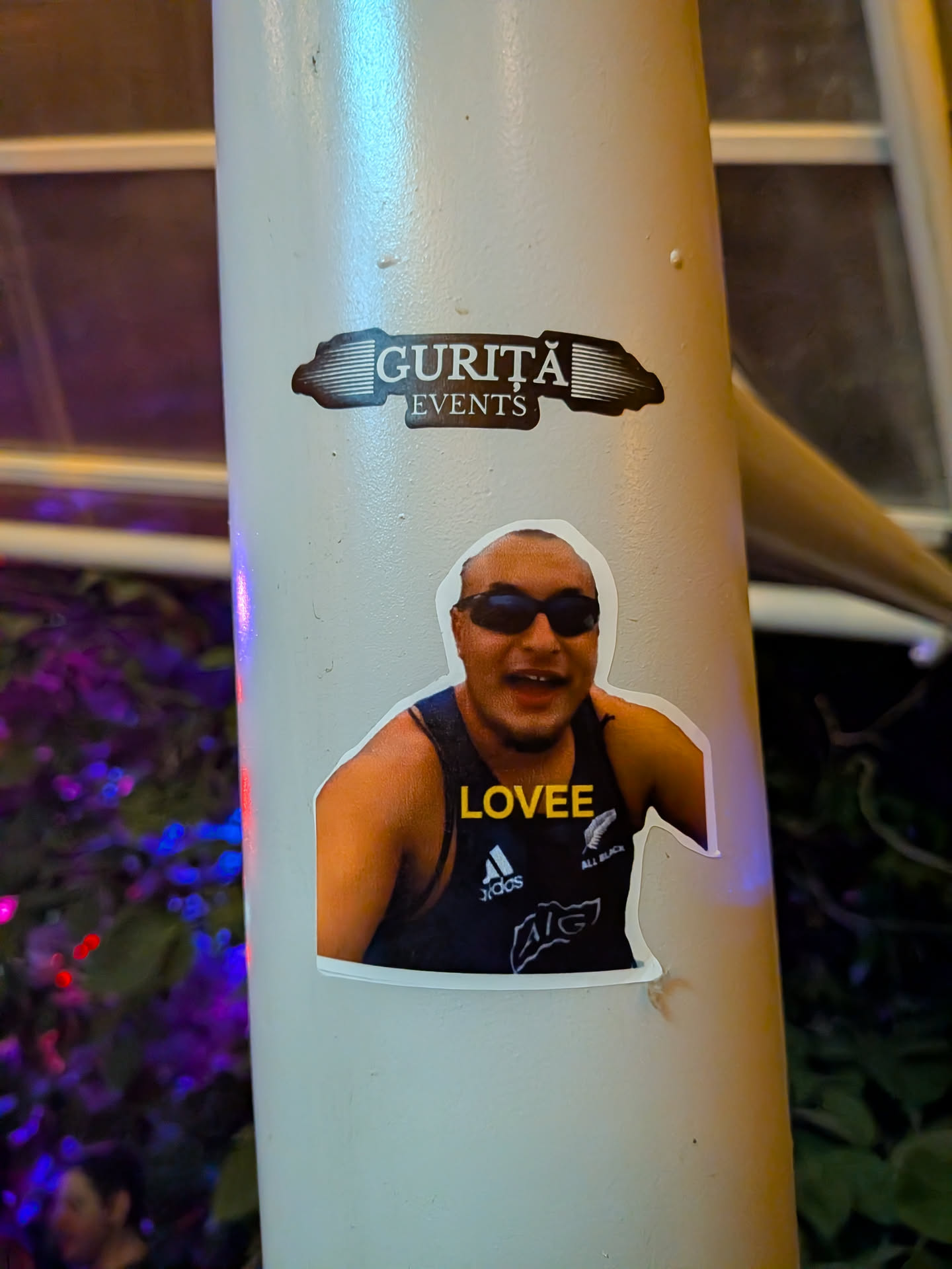 A die-cut photo sticker of a bald man wearing dark sunglasses and a black Adidas All Blacks tank top. The word 'LOVEE' is written in yellow across his chest.