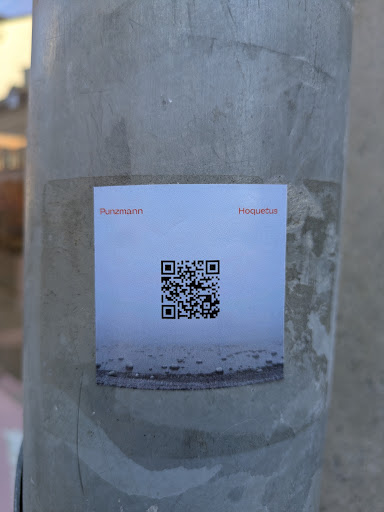 Street sticker A square sticker adhered to a gray pole. The sticker has the text 'Punzmann' on the left side and 'Hoquetus' on the right side. Below the text, there is a QR code. The bottom of the sticker shows an image of a landscape, possibly a shoreline or an area covered with fog or snow. The background is blurred and light-colored, possibly indicating a misty or overcast day.