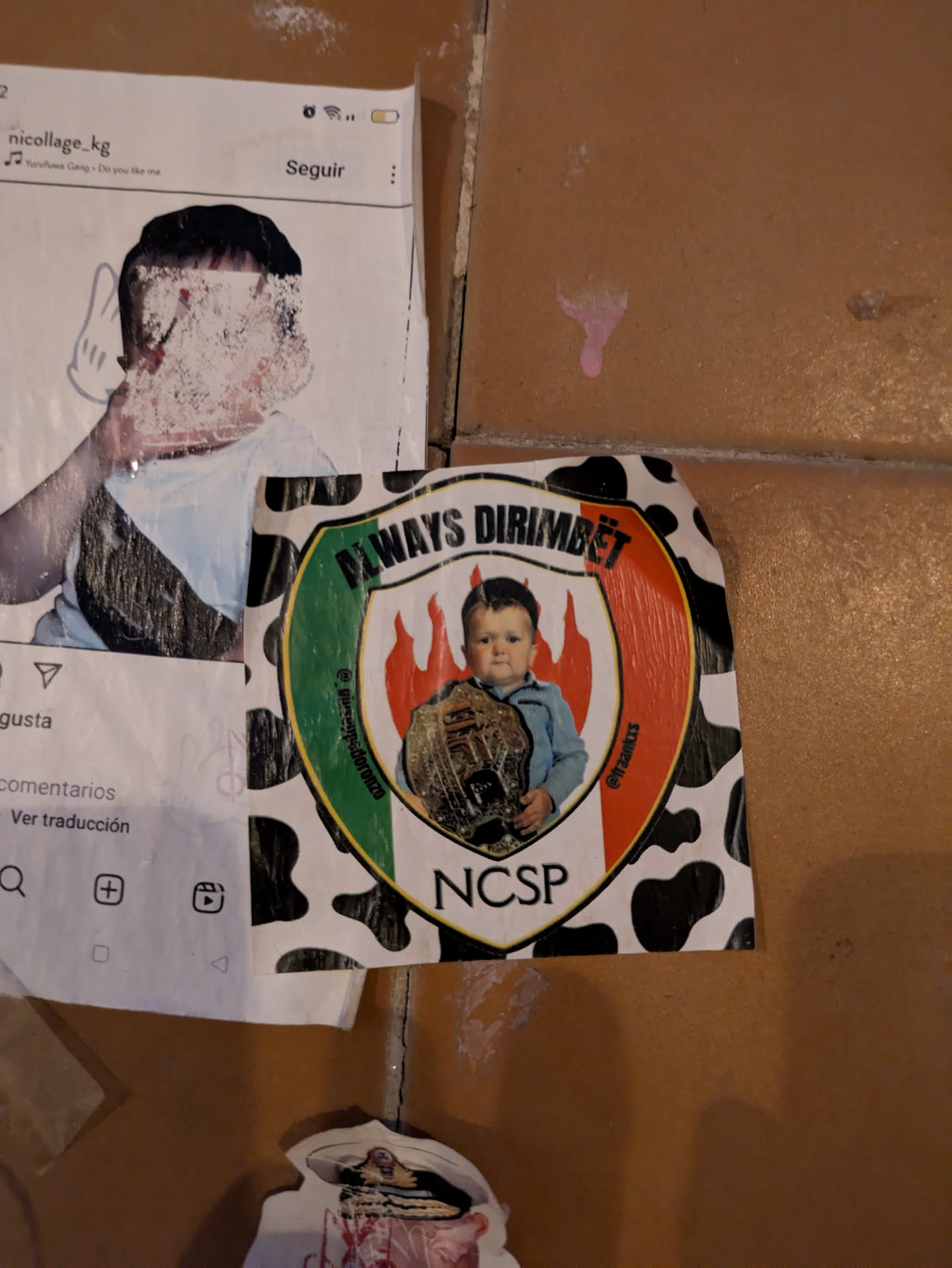 This sticker features a portrait of Hasbulla Magomedov holding a wrestling championship belt. Above him is the phrase "ALWAYS DIRIMBËT", and below is "NCSP". The emblem is framed in a cow pattern background. There are social media handles visible around the frame.