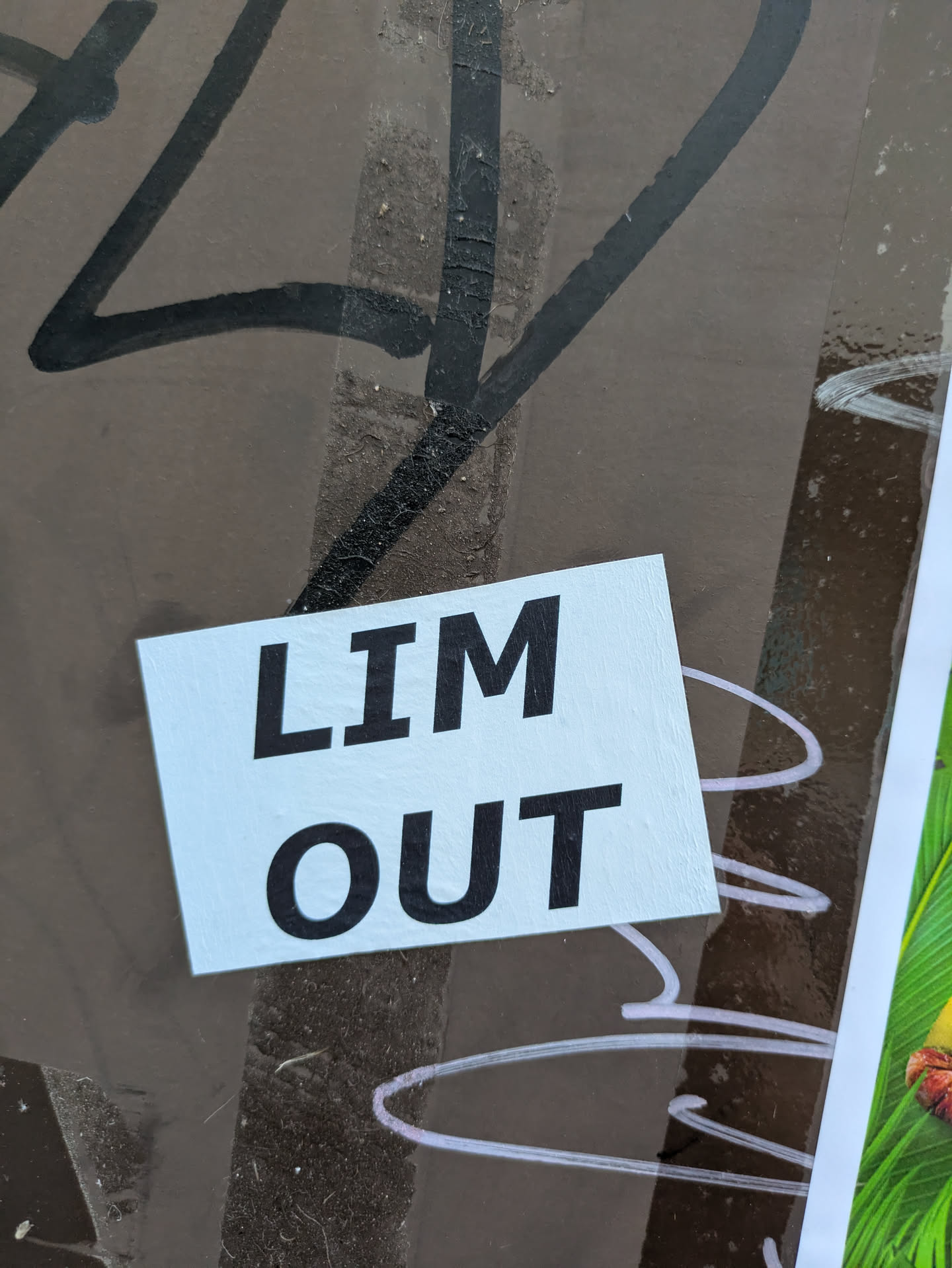 A rectangular sticker with the phrase "LIM OUT" in bold, black letters. The sticker appears to be placed on a dark, textured background with some additional graffiti or marks around it.