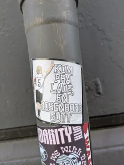 Street sticker The sticker is white and features a cartoon-style illustration of a blonde male soccer player from behind, wearing a white jersey with the number '5' and the name 'SKJELBRED' on the back. He has his right arm raised, pointing upwards. To the right of the player, there is large, outlined text in black. The overall style is clean and bold.