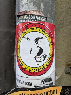 This is a sticker found on a pole featuring a face with an angry expression. The sticker is white with a red and yellow border. The text around the face reads "ULTRA SYNDIKAT 2001 KÖPENICK".