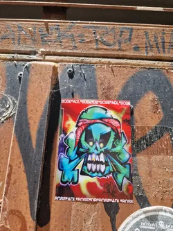 Street sticker A sticker featuring a vibrant graffiti-style skull design. The skull is teal and green, wearing a red bandana. The background is a mix of red and orange with flames. The text 'BOSE*ADL' is repeated around the sticker's border.
