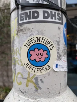Street sticker The sticker is circular with a light cream-colored outer ring. In the center, there's a bright blue circle with a thick black outline. Inside the blue circle is a stylized, fluffy pink cloud character, outlined in black, featuring a simple, happy face with two closed eyes and a small upward-curving mouth, all rendered in black lines. Around the outer edge of the cream ring, in black sans-serif capital letters, the text "TUFFS 'N' FLUFFS" is written along the top curve, and "JUPITERSKA" is written along the bottom curve. The overall design is cheerful, minimalist, and cartoonish.