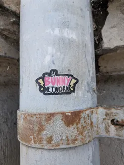 Street sticker Die-cut sticker with a black background featuring the text 'THE BUNNY NETWORK'. 'BUNNY' is in pink with cartoon bunny ears/eyes above it, and 'NETWORK' is in white. Yellow lightning bolts flank the sides.
