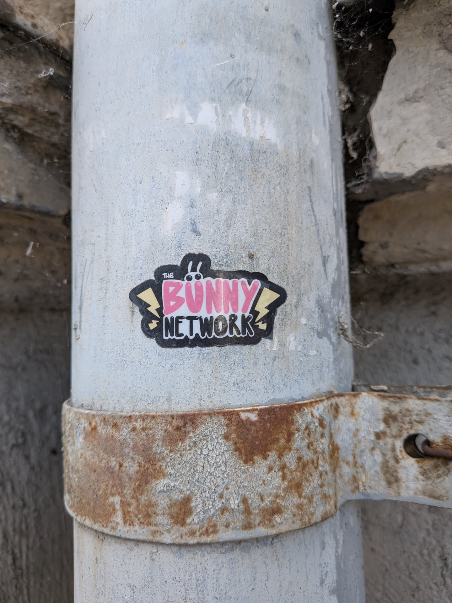 Die-cut sticker with a black background featuring the text 'THE BUNNY NETWORK'. 'BUNNY' is in pink with cartoon bunny ears/eyes above it, and 'NETWORK' is in white. Yellow lightning bolts flank the sides.
