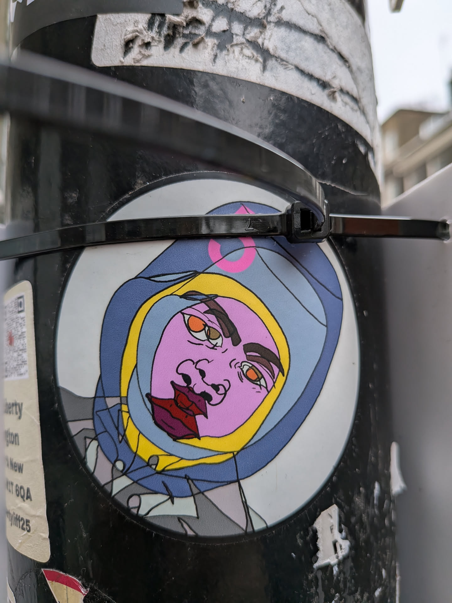 The sticker is circular, featuring a highly stylized and abstract portrait of a person wearing a hood. The face is predominantly a bright pink hue with bold dark outlines, prominent orange eyes, and dark red lips. A striking yellow outline frames the face, which is set against a layered hooded garment in shades of light blue and darker blue. A distinct pink circular symbol, possibly a stylized 'A' or an arrow, is visible on the top of the hood. The overall style is graphic, characterized by distinct color blocks and strong lines, giving it a modern street art aesthetic. The sticker is applied to a dark pole and partially obscured by a black zip tie.
