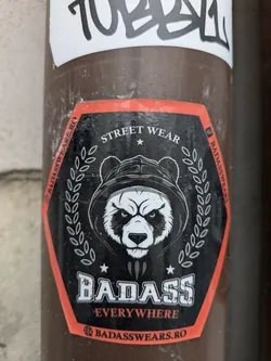 Street sticker This sticker features a fierce panda wearing a hoodie, encircled by laurel leaves. The text "STREET WEAR" is at the top, and "BADASS EVERYWHERE" is at the bottom. The website badasswears.ro is also printed on the sticker. The sticker has a black background with red borders.