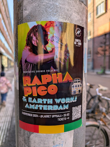 A promotional sticker for Rapha Pico & Earth Works Amsterdam concert. It features an image of Rapha Pico singing, and information on the event: date(9 November 2024), venue(@Lagret Uppsala), time(22-03) and a qr code for tickets.