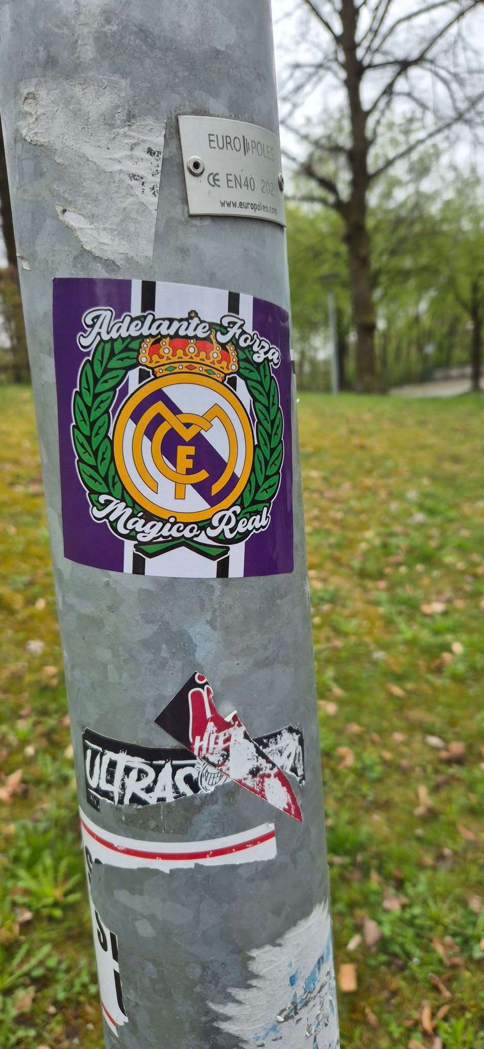 The sticker is a rectangular design with slightly rounded corners, prominently featuring a central emblem reminiscent of a football club crest. This emblem consists of stylized intertwined letters 'M', 'C', and 'F' in gold/yellow with purple outlines, topped by a golden crown adorned with red and blue details. The entire emblem is encircled by two lush green laurel wreaths. The background of the sticker is characterized by alternating vertical purple and white stripes. Arched above the central crest, in a flowing white script font with a black outline, is the text 'Adelante Forza'. Below the crest, in a similar white script font with a black outline, is 'Mágico Real'. The overall aesthetic is bold and celebratory, dominated by purple, white, gold, and green hues.