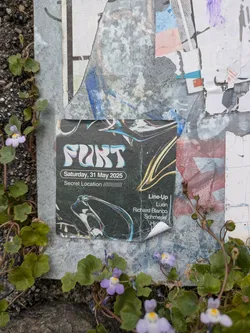 Street sticker The sticker is dark-toned with a prominent holographic or metallic effect, giving it a sleek, modern, and slightly psychedelic look. The background features abstract, swirling patterns with hints of blue, purple, and gold. The main text 'FURT' at the top has a similar reflective, bubbly texture. Below it, the date 'Saturday, 31 May 2025' is enclosed in an oval outline, followed by 'Secret Location' with a series of slashes. On the right side, a 'Line-Up' is listed, including the names 'Luen', 'Richard Blanco', 'Schmesel', and 'Hjo'. The sticker is placed on a textured, grey surface, possibly concrete or metal, with remnants of other torn posters and is partially surrounded by small green plants with delicate purple flowers, adding a natural contrast to the urban setting.