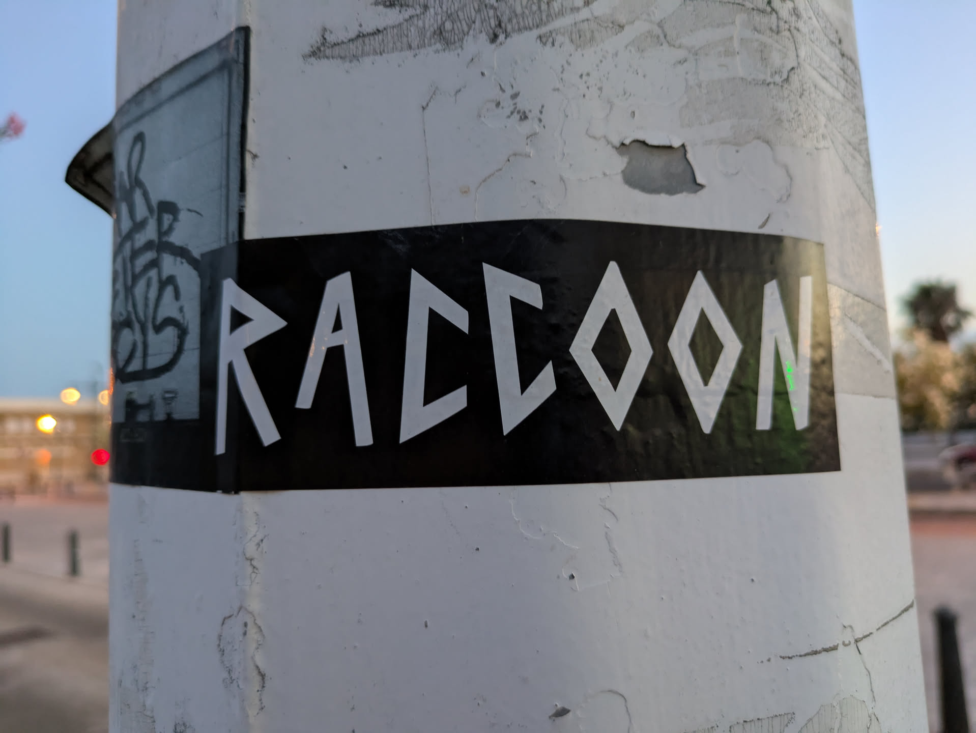 This is a black and white sticker of the word "RACCOON" in white, stylized letters. The sticker is rectangular and is placed on a white pole. The letters are blocky and angular, giving them a somewhat futuristic look. The background is a solid black.