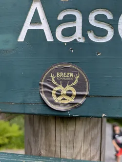 Street sticker A dark, circular sticker with gold-colored elements. The central graphic is a stylized pretzel intertwined with deer antlers, creating a distinctive emblem. Above this design, the text 'BREZN KOMMANDO' is prominently displayed, and below it, 'SEIT 2018' indicates the year. The sticker appears slightly creased in the middle.