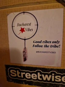 Street sticker A sticker with a dreamcatcher design, featuring the text "Bucharest Vibes" in the center.  Below it says "Good vibes only Follow the tribe!" and an Instagram handle @bucharestvibes