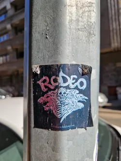 Street sticker A sticker featuring a graphic design of a skull flanked by wolves and birds. The word "Rodeo" is written in stylized lettering above the central image.  The sticker shows slight wear and tear.