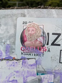 Street sticker The sticker prominently displays a stylized portrait of a figure with long, wavy blonde hair and a matching beard, resembling a classical deity. The figure's bare chest is visible, set against a vibrant background that transitions from pink to a darker hue within a circular frame. Below the portrait, the name "CAELUS" is written in bold red letters. Further below, in smaller text, it reads "NAMSOSRUSSE 2022" and "KVARTERET", indicating a connection to a Norwegian 'russ' (high school graduate) group from 2022, possibly named "Kvarteret" or associated with a place of that name. The sticker is affixed to a light blue surface, which has some partially visible numbers "20.22" and letters "IZ" and is smeared with purple paint in the lower left.