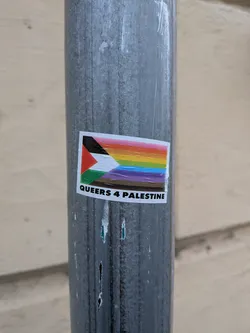 Street sticker The sticker features a composite flag design. The left side incorporates the black, white, red, and green triangles of the Palestinian flag. To the right of this, a rainbow gradient is depicted, transitioning through pink, orange, yellow, green, blue, and purple, representing the LGBTQ+ pride flag. Below the flag imagery, the text 'QUEERS 4 PALESTINE' is printed in bold white capital letters on a black background.