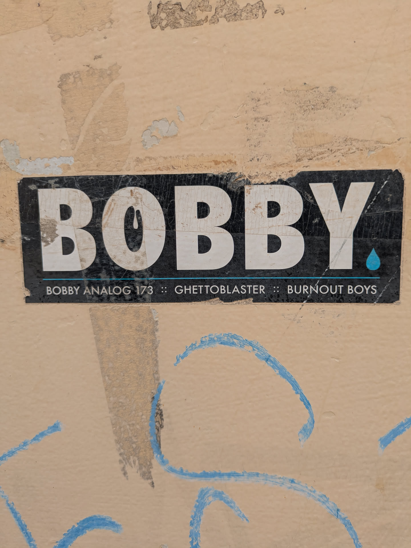 This sticker features the name "Bobby." in white letters on a black background, followed by the text: "Bobby Analog 173 :: Ghetto Blaster :: Burnout Boys".