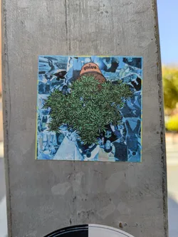 A square sticker adhered to a pole featuring a pile of cannabis leaves emerging from a brown pot with "HANOR" written on it. The background has a collage of inverted blue-toned images, adding to the sticker's aesthetic. The sticker is positioned on a weathered metal pole.