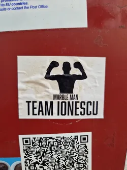 Street sticker A sticker featuring a silhouette of a man flexing his biceps, with the text "Marble Man" and "Team Ionescu" below it.  A QR code is present below the main graphic.