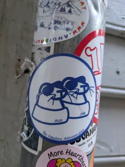 The central sticker is circular with a white background and a blue outline. It depicts two stylized, almost minimalist, blue line drawings of capybara-like animals wearing sunglasses. The one on the left is positioned as if inside a 'MUG', and the one on the right as if inside a 'JAR'. Below the figures, curving along the bottom edge of the sticker, is the phrase 'The Capybara Administration'. The overall aesthetic is humorous and cartoonish.