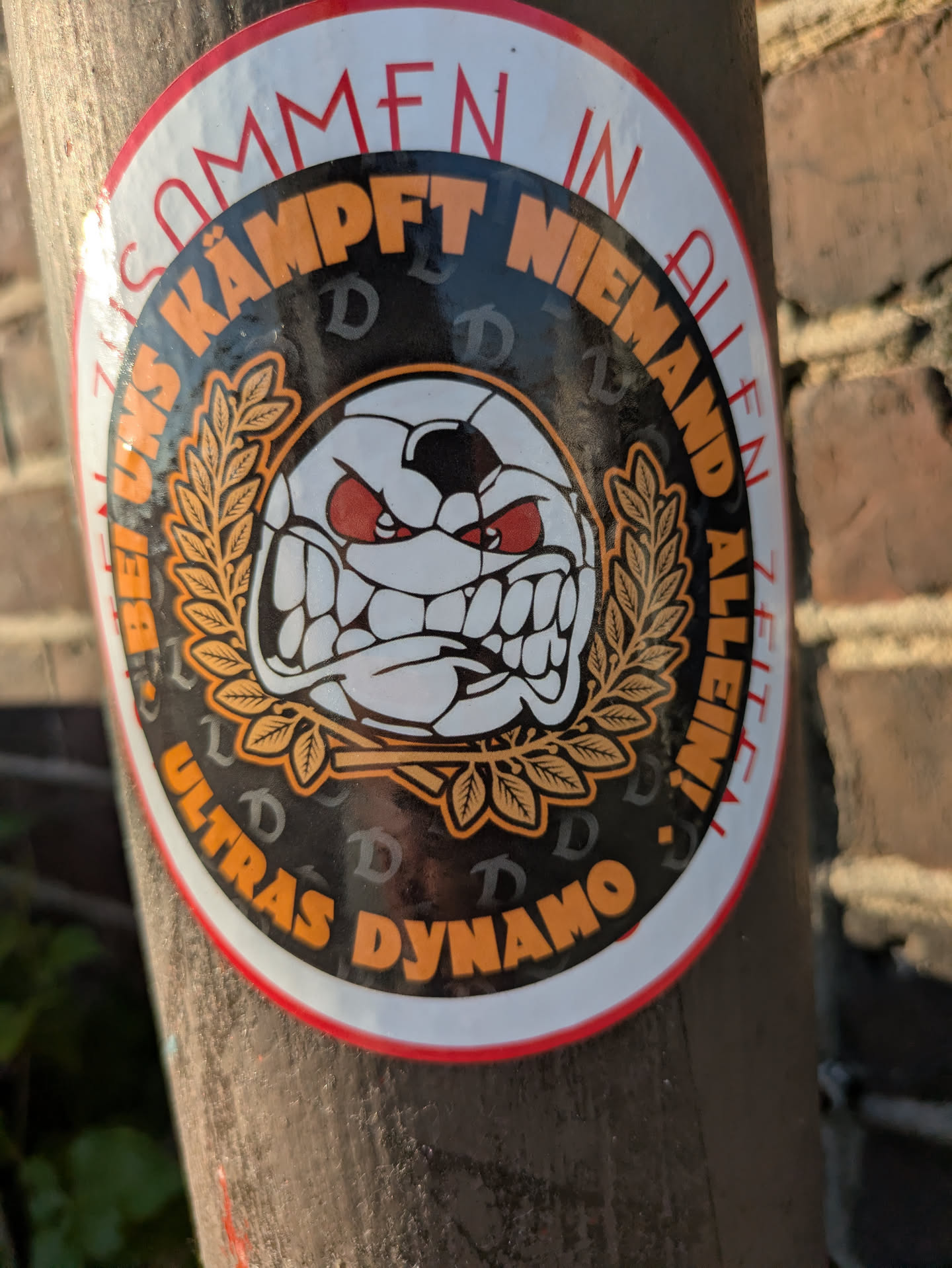 A circular sticker prominently displayed on a weathered pole, depicting an aggressive, stylized football with red eyes and sharp teeth, framed by a golden laurel wreath. The central black background behind the football has faint, repeating 'D' letters. Around the top edge, in a white band with a red border, red capital letters spell out 'ZUSAMMEN KÄMPFT NIEMAND ALLEIN!' (Together no one fights alone!). The bottom part of the black inner circle features 'ULTRAS DYNAMO' in orange capital letters. A blurred brick wall is visible in the background.