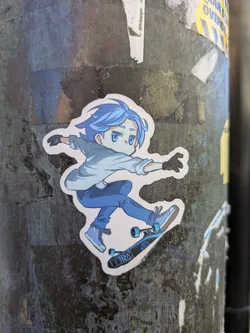 Street sticker A sticker of Reki Kyan from the anime Sk8 the Infinity, he is doing a skateboarding trick. Reki is depicted with blue hair and blue clothes with matching skateboard.