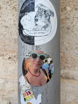 Street sticker This is a circular sticker split into black and white halves, featuring two dogs drawn in a simple sketch style. The text on the sticker says "You got treat?" The sticker includes the Instagram handle @you.got.treat.