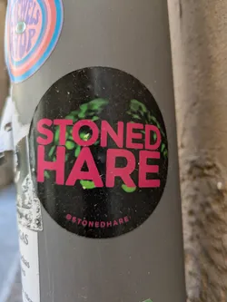 Street sticker A round sticker with a black background features the words 'STONED HARE' in bold pink letters. Underneath the text, a handle name of Stoned Hare is written. A blurry image, potentially of green leaves, serves as a backdrop.