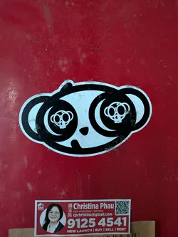 Street sticker A black and white die-cut sticker of a stylized panda face. The eyes contain small skull-like graphics. It is placed on a red surface.