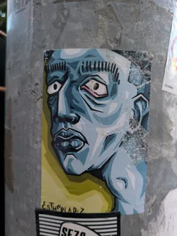 The sticker features a stylized, blue-toned face with an anxious expression. The background is a pale yellow-green. The art style is reminiscent of comic book illustrations with thick outlines and shading to emphasize the character's features. The sticker appears weathered, suggesting it has been in place for some time. The signature "Estherladiz" is visible at the bottom left.