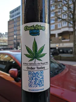 Street sticker The sticker is a white, rectangular label with rounded corners, affixed to a black pole. At the top, it features a logo with 'Dank Shop' in a stylized green font, and 'prime' in blue, mimicking the Amazon Prime branding with an arrow swoosh underneath. Below the logo, a prominent, detailed illustration of a green cannabis leaf with seven serrated leaflets is centered. Underneath the leaf, a thin black line separates it from the text '48 Hour delivery via Royal Mail' in black. Another black line follows, above the phrase 'Order Today' in a bolder, larger black font. The lower section of the sticker contains a blue QR code, and at the very bottom, the social media handle '@DANKSHOPPRIME' is printed in small black text.