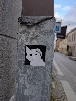 Street sticker The sticker is square and features a black and white illustration of a cat's head. The cat has a distinctly unimpressed expression with downturned eyes and a small, straight mouth. It is wearing a hat that appears to be a beanie or a cap, adorned with a small star on the front. The background of the sticker is solid black, making the white cat stand out prominently. The sticker is affixed to a weathered, grey metal pole.