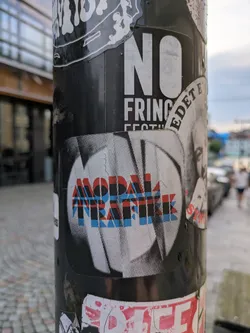 The sticker is roughly circular or oval-shaped and prominently displayed on a black pole, surrounded by other stickers. Its design features a black and white halftone dot pattern that creates a radial or burst-like effect. Overlaid on this background are the words "ANOMAL HEAVEN" rendered in a striking anaglyph style, with red letters slightly offset from blue letters, designed to create a 3D illusion when viewed with 3D glasses. The overall aesthetic is graphic and retro, reminiscent of old 3D comics or experimental print techniques.